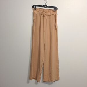 Tan women's paper bag high waisted pant wide leg